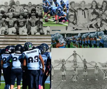 Collage of black/white and color images of football and cheer.